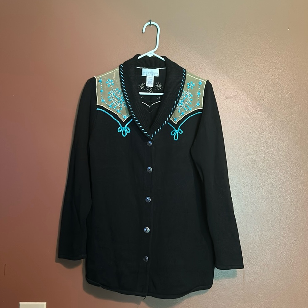 Black, Susan Graver button up sweater.